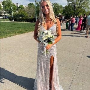 Elegant Silver Gown with Slit